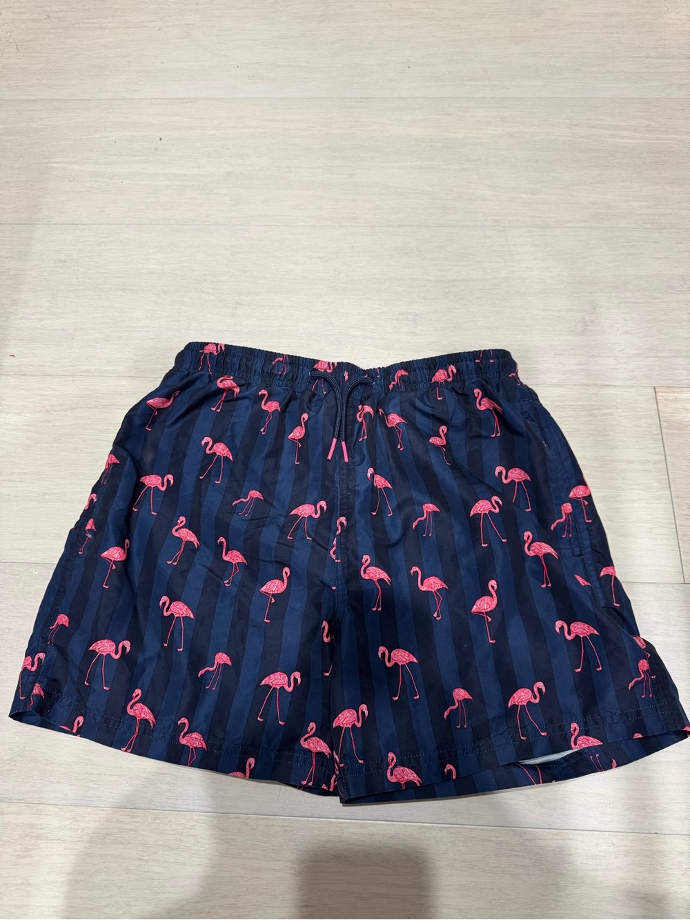 Navy Stripe Swim Shorts with Pink Flamingo Print - Men Size S